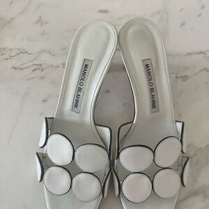 Manolo Blahnik White Circle Accent Mules